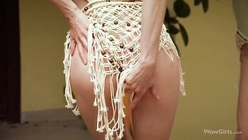 Skinny and young hottie Leona Mia is touching her shaved pussy