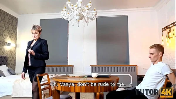 TUTOR4K. Guy steals tutors glasses and with ease seduces mature woman