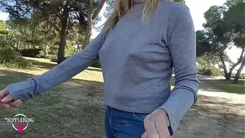 nippleringlover walking on the beach and flashing pierced tits with huge pierced nipples and big nipple rings