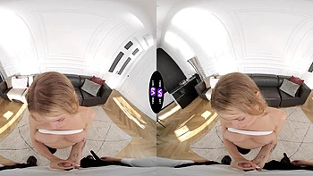 A blonde girl peaches has sex with a guy in the room