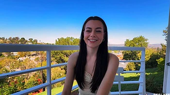 Skinny brunette teen Selena Love gets her pussy gapped on the sofa