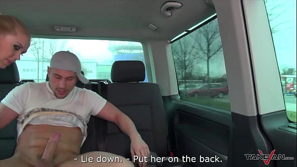 Horny threesome fuck in the driving van, pissing and cumshot included