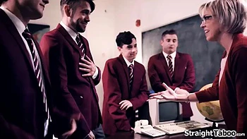Four college boys team up against their busty milf teacher