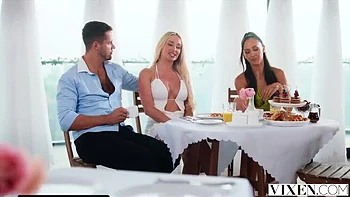 Blonde Meagan Moore and Busty Sarah Double Blowjob & Pussy Lick