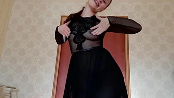 Russian babe strips and dances in sheer black gown