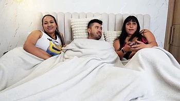 Threesome: Big-Tit Latina Cowgirl Rides Anal with Gay Buddy