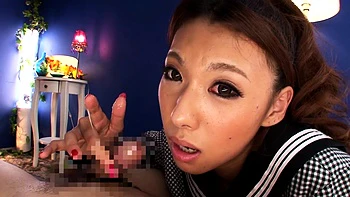 Hot Japanese babe sucks cock and jerks off