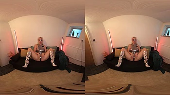 Blonde cosplay babe gets fucked in VR space heels