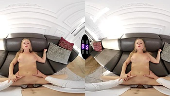 Blonde babe rides cock in hot VR blowjob doggy