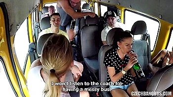 Brunette Twins and Friends Gangbang on Bus