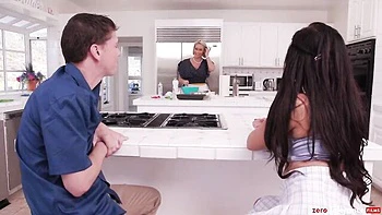 Ryan Keely's big-tit blonde fucked sideways in kitchen