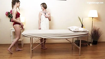 Flirty Aziza's tiny tits massage and first orgasm