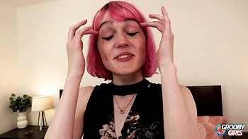Petite transgirl smiling and masturbating