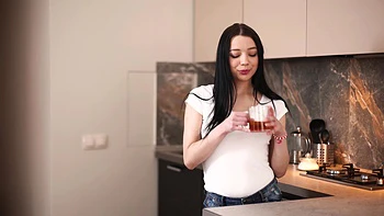 Russian brunette Emily Bender fucks in kitchen with her boyfriend