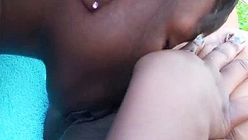 Two ebony lesbians fuck anal by the pool, 9 months pregnant