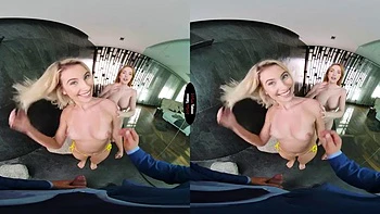 Two hot babes fuck daddy with blowjob, doggy & cowgirl