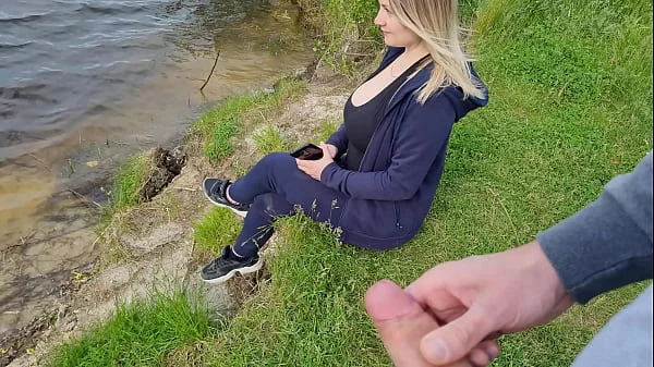 The exhibitionist man saw a lonely girl in nature and took out his dick in front of her and began to masturbate the dick in front unfamiliar beauty, he risks scaring her, but she likes to look at a big male dick and wants to see his cumshot