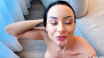 Brunette Cara Mella drenched in facial cumshot