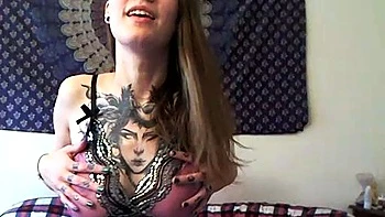 Busty curly brunette with big boobs fucks on couch