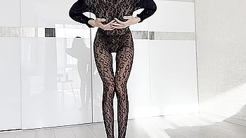Skinny Slender Girl Try-on Bodystocking. Tight, Shiny & Thin Curves