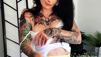 Busty curly brunette with big boobs fucks on couch